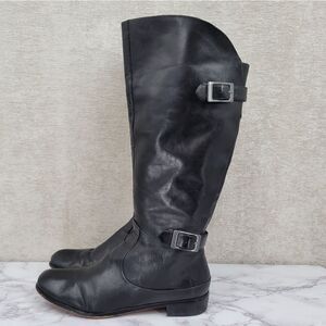 Modern Vintage Janet Black Knee High Tall Leather Riding Boots with Buckles